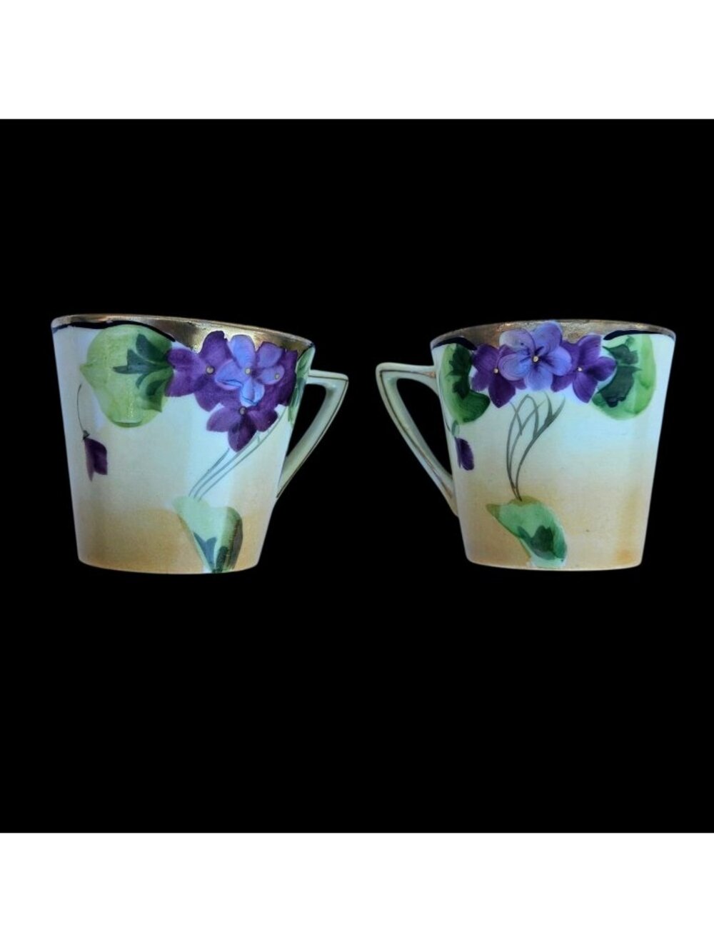 Antique Art Nouveau Japan Porcelain Tea Cups Pair Violets With Gilt Rim